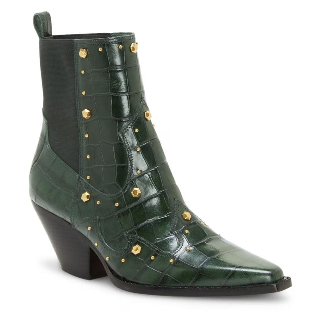 NEW Vince Camuto Norley Dark Green Crocodile Leather Gold Studded Ankle Booties